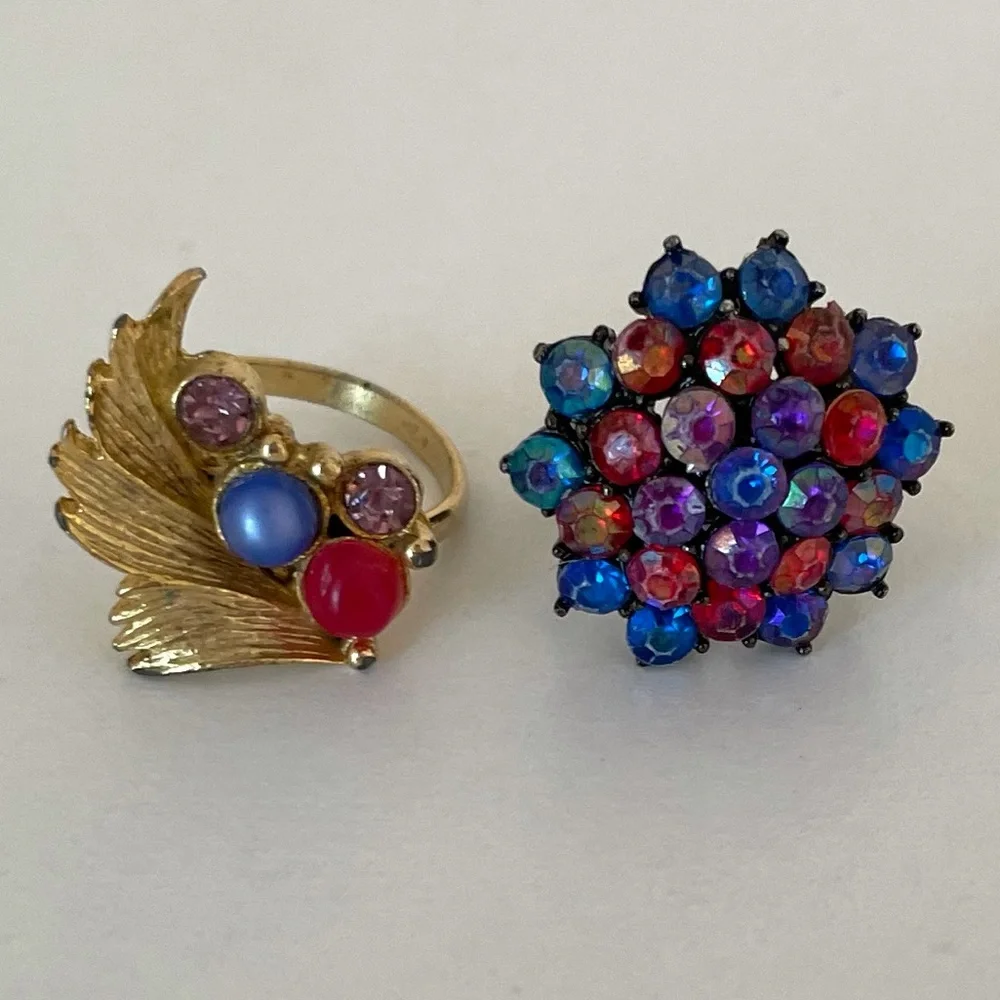 Vintage 70’s Rings Antique Gemstone Jewelry Adjustable 2 Piece Ring Set Blue Red